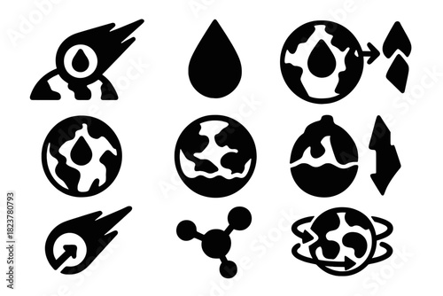 Cosmic Water Delivery. Solid style icons of delivering water to Earth: comet hitting Earth, water droplet, impact arrows, early