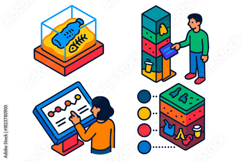 Futuristic Museum Exhibit. Isometric vector illustration set Museum of Human Epoch: Displayed plastic fossil, interactive sediment