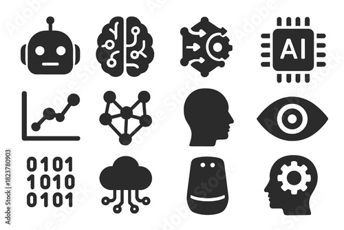 AI Icons Collection. Solid style icons of artificial intelligence: robot head, circuit brain, algorithm gear, AI chip, machine