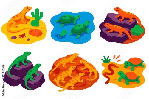 Social Reptile Behaviors. Isometric vector illustration set Social learning in reptiles: desert lizards watching foraging,