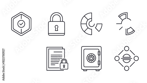 A set of icons representing security, data protection, and privacy concepts in a minimalist line art style.