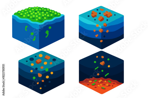 Sinking Organic Matter Cycle. Isometric vector illustration set Sinking Organic Matter Path: Surface bloom, midwater decay stage,