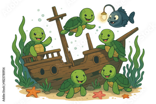 Sunken Pirate Ship. Sunken pirate ship with happy turtles, starfish, seaweed, and glowing lantern fish swimming around No text, No