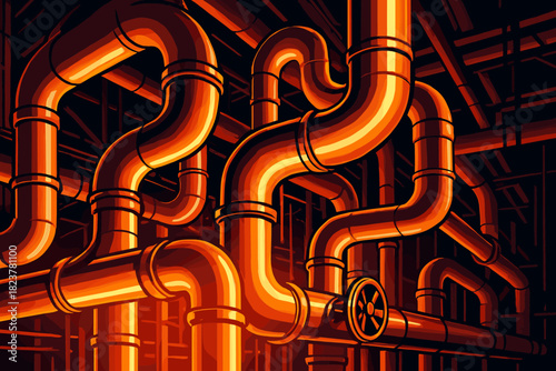 Glowing Factory Pipes. Complex industrial pipes glowing with vector illustration warm light in a factory, dynamic and bold tones,