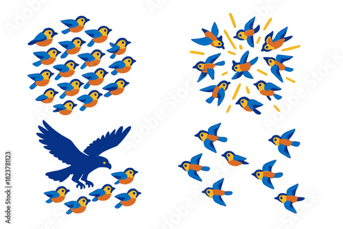 Predator Evasion Icons. Isometric vector illustration set Predator Evasion Tactics: Flash mob flight, evasive scatter burst, hawk
