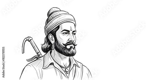Sketch of historical indian warrior shivaji maharaj with sword on back