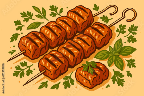 Grilled Meat Skewers. Juicy grilled meat skewers garnished with fresh herbs, rich textures, vector illustration warm and inviting