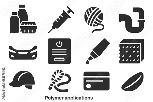 Polymer Applications Icons. Solid style icons of polymer applications: plastic packaging, medical syringe, textile fiber, water