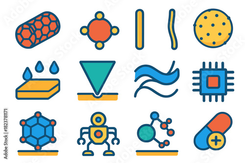 Bright Nanomaterials Icons. Flat vector icons of nanomaterials: carbon nanotube, quantum dot, nanoparticle sphere, nanowire,