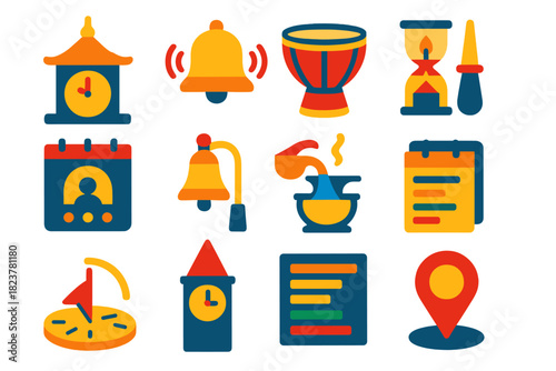 Vibrant Ritual Time Icons. Flat vector icons of timekeeping in rituals and daily life: temple clock, bell chime, ceremonial drum,