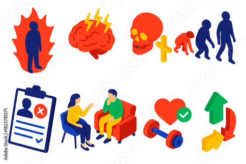 Fear and Coping Icons. Isometric vector illustration set Thanatophobia: human silhouette with fear aura, brain and stress response