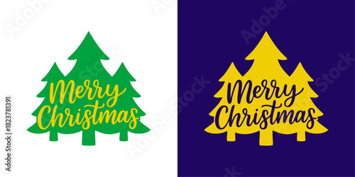 Logo con mensaje Merry Christmas en caligrafía en silueta de grupo de árboles de navidad para tarjetas y felicitaciones 