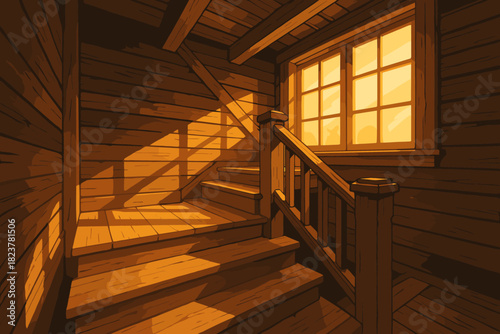 Golden Staircase Glow. Rustic wooden staircase illuminated by vector illustration soft golden light streaming through large
