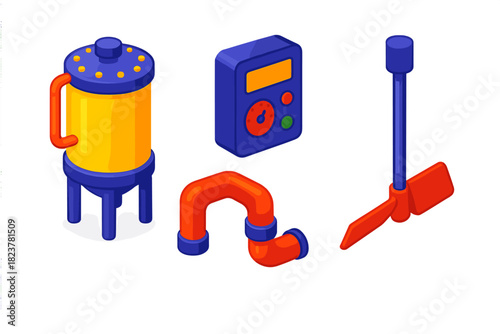 Bioleaching Equipment Icons. Isometric vector illustration set Bioleaching Equipment: Sealed bioleaching tank, temperature control