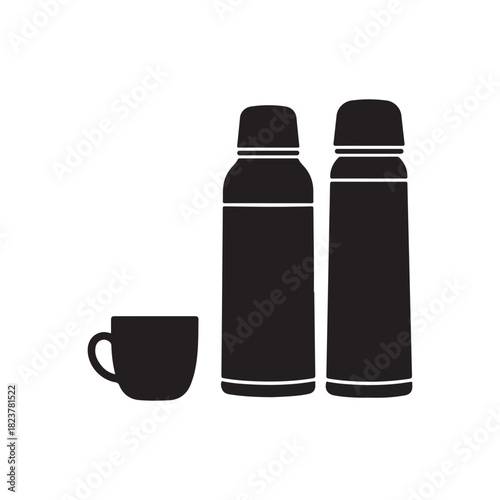 Black silhouettes of two thermoses and a cup isolated on white