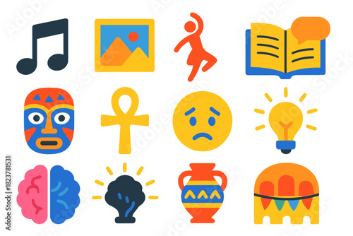 Cultural Expression Icons. Flat vector icons of cultural expression in the brain: music note, painting, dance silhouette,