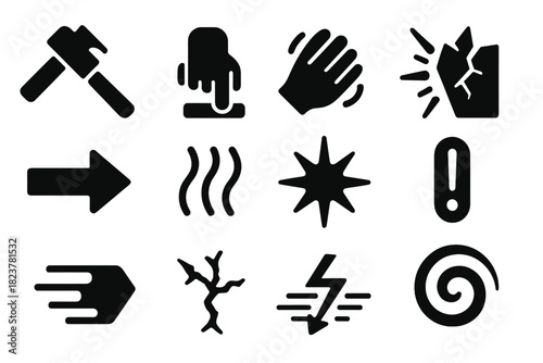 Dynamic Energy Icons. Solid style icons of mechanical action and energy release: hammer, hand pressing, rubbing motion, arrow,