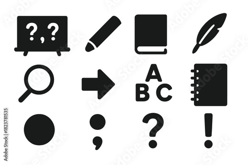Punctuation Icons Set. Solid style icons of teaching and learning punctuation: blackboard, chalk, book, quill, magnifying glass,
