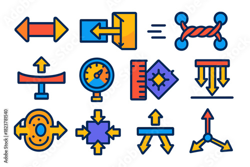 Mechanical Force Icons. Flat vector icons of mechanical forces in biology: compression arrow, stretch arrow, shear force, tension