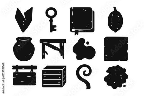 Botanical Relic Icons. Solid style icons of Botanical Relics: Glass Shard, Iron Key, Forgotten Journal, Dried Seed, Clay Pot,