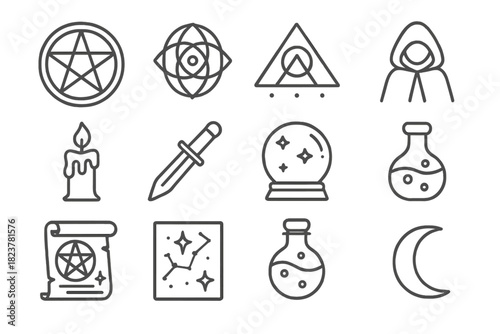 Mystic Line Icons. Line style icons of Secret Traditions: Occult Seal, Esoteric Pattern, Mystic Diagram, Hidden Sign; Ritual
