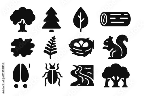 Forest Ecology Icons. Solid style icons of Forest ecology: oak tree, pine tree, forest floor leaf, decomposing wood, moss patch,