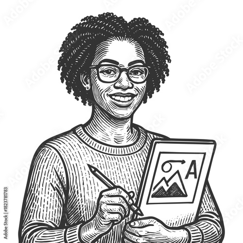 smiling artist using a digital tablet, symbolizing creativity, technology, and design work sketch engraving generative ai fictional character vector illustration. Scratch board. Black and white image.