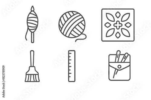 Textile Artisan Tools Icons. Line style icons of Textile Artisan Tools: spindle and distaff, yarn ball, pattern stencil, dye brush