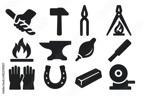 Blacksmith Tools Icons. Solid style icons of Artisan Blacksmith: Hand-Forged, Hammer, Tongs, Custom Design, Forge Fire, Anvil,