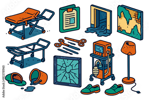 Forgotten Asylum Icons. Isometric vector illustration set Forgotten Asylum: collapsed gurney, folded hospital chart, deserted