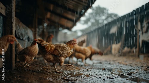 Rainy Day on a Farm with Chickens Near a Shelter in Natural Setting