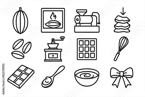 Artisan Chocolate Icons. Line style icons of Artisan Chocolate: Cacao Pod, Roasting, Conching Machine, Tempering; Cocoa Beans,