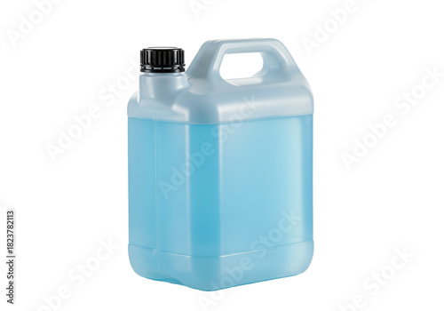 hyper-photorealistic studio shot of a white 5l hdpe plastic jerry can with a black cap and luminous cerulean blue industrial liquid, isolated on reflective white, professional industrial chemical