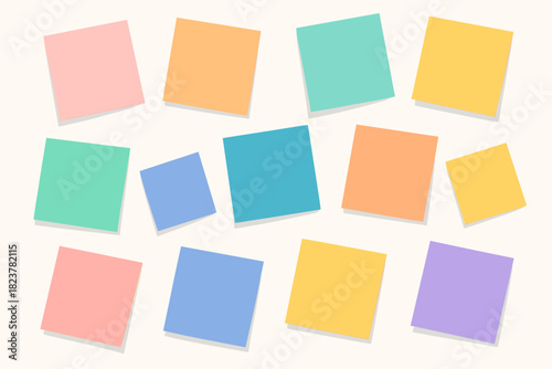 Colorful Sticky Notes. Flat lay of colorful sticky notes scattered on a white surface, vibrant yet soft tones, creative vector