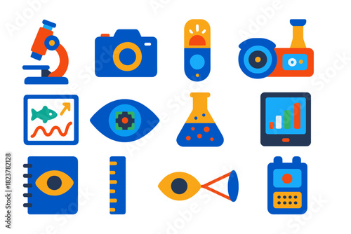 Animal Vision Research Tools. Flat vector icons of experimental and observational tools in animal vision research: microscope,