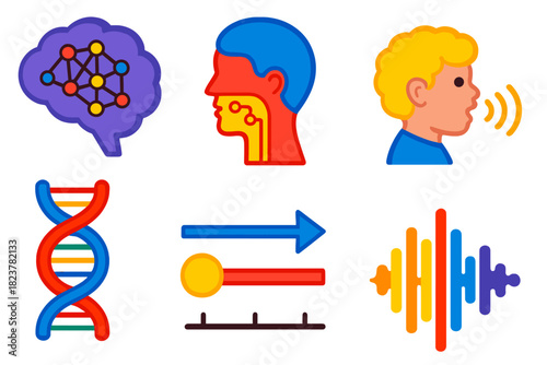 Biolinguistics Icon Set. Isometric vector illustration set Biolinguistics: neural networks, language acquisition device, child