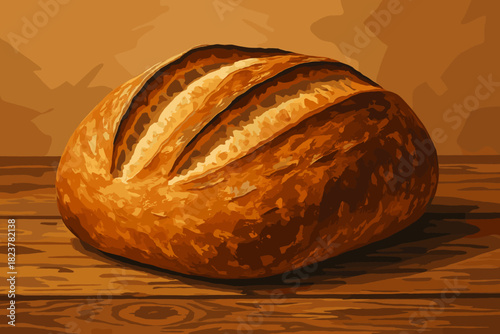 Golden Artisan Bread. Freshly baked loaf of artisan bread with a vector illustration crisp golden crust, rustic wooden surface,