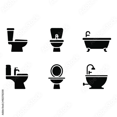 Collection of black silhouette bathroom fixture icons