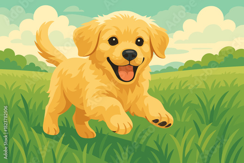 Playful Puppy Run. Golden retriever puppy running through a grassy field, soft natural lighting, vibrant and playful atmosphere,