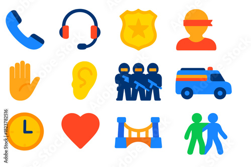 Hostage Negotiation Icons. Flat vector icons of hostage negotiation: phone receiver, negotiator headset, police badge, hostage