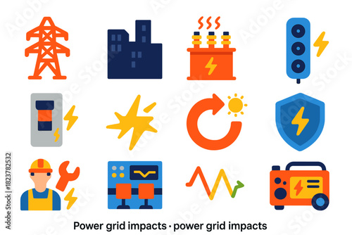 Power Grid Icons. Flat vector icons of power grid impacts: transmission tower, blackout city skyline, overload transformer, surge