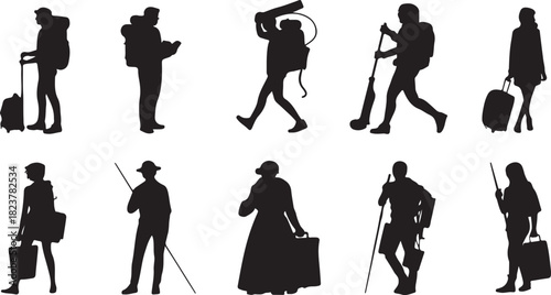 Diverse Silhouette Group of People Traveling and Exploring Various Scenarios