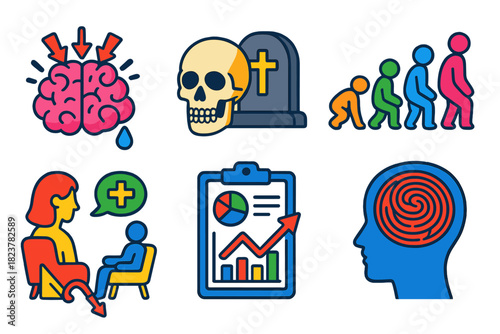 Thanatophobia Symbols. Isometric vector illustration set Thanatophobia: brain with stress and fear markers, cultural symbols of