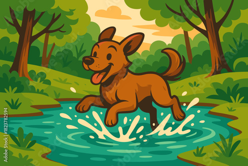 Energetic Dog Splashing. Playful dog splashing through a shallow pond surrounded by trees, vibrant natural tones, vector