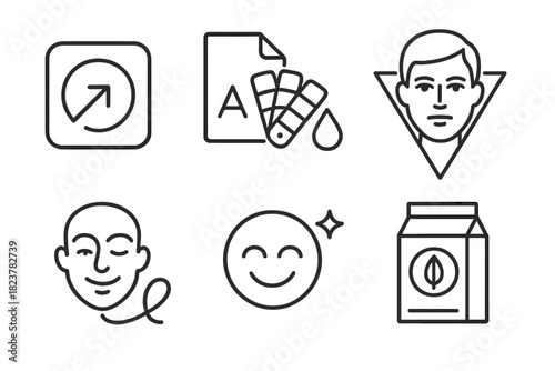 Brand Semiotics Icons. Line style icons of Brand Semiotics: logo with hidden symbol, visual identity kit, brand archetype face,