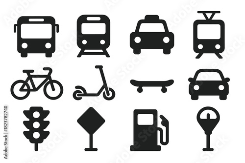 Urban Transport Icons. Solid style icons of Urban transport: bus, subway train, taxi, tram, bicycle, scooter, skateboard, car,