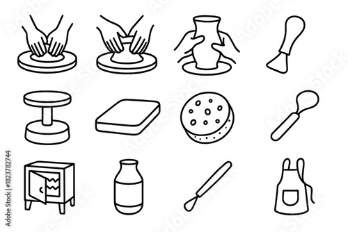 Pottery Tools Icons. Line style icons of Wheel Throwing: Centering Clay, Raising Wall, Shaping Form, Rib Tool; Potter’s Wheel,