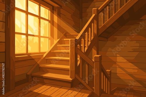 Golden Staircase Glow. Rustic wooden staircase illuminated by vector illustration soft golden light streaming through large