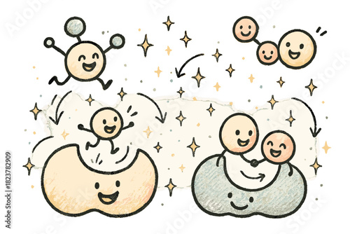 Whimsical Enzyme Workshop. Magical doodle catalytic reaction workshop with smiling enzymes, cartoon molecules jumping into active