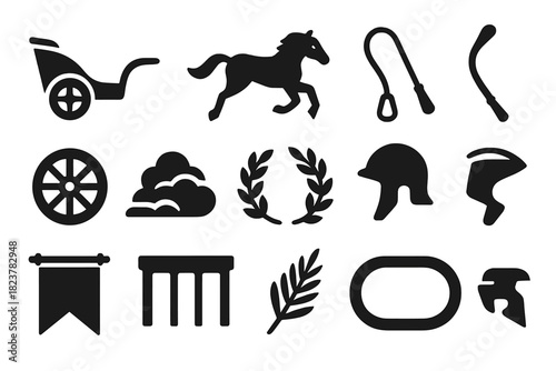 Chariot Racing Icons. Solid style icons of Chariot Racing: Chariot, Horse, Reins, Whip, Wheel, Sand Cloud, Laurel, Helmet, Banner,